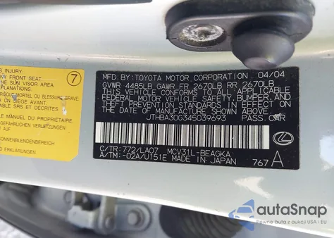 2004 Lexus Es 330 из США, поврежденный, VIN JTHBA30G345039693